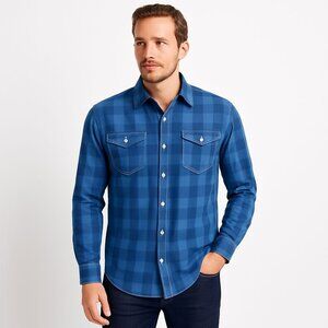 Johnston & Murphy Mens Pearl Snap Woven Shirt Slim Blue Plaid Long Sleeve Size L